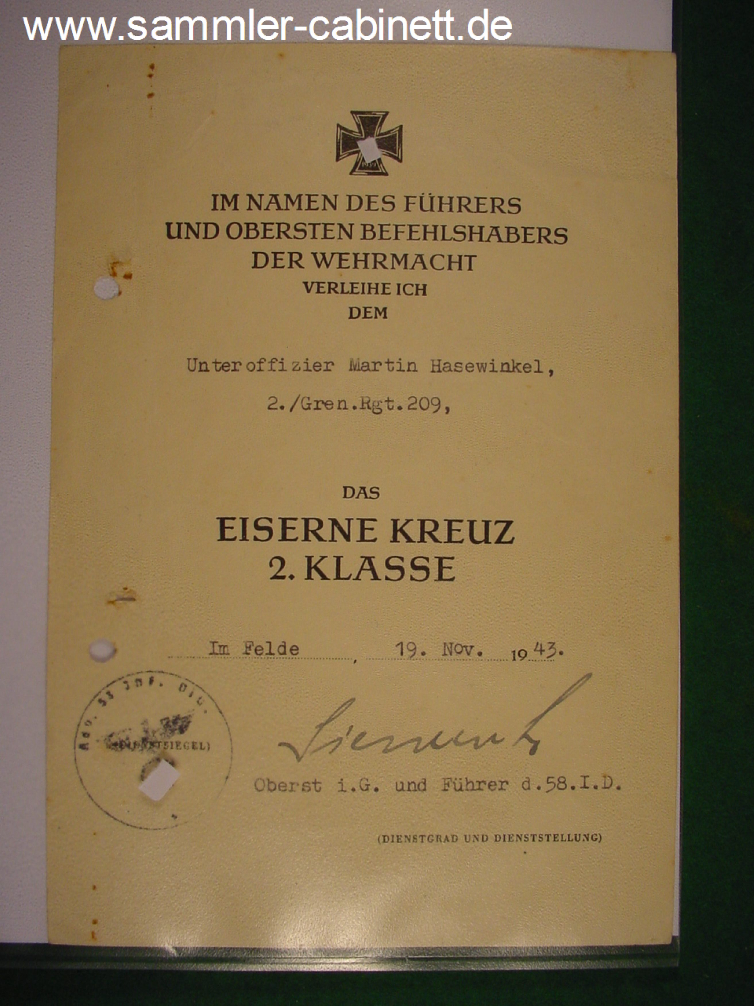 Heer - Urkunde zum EKII 1939 - für den Uffz. Martin...