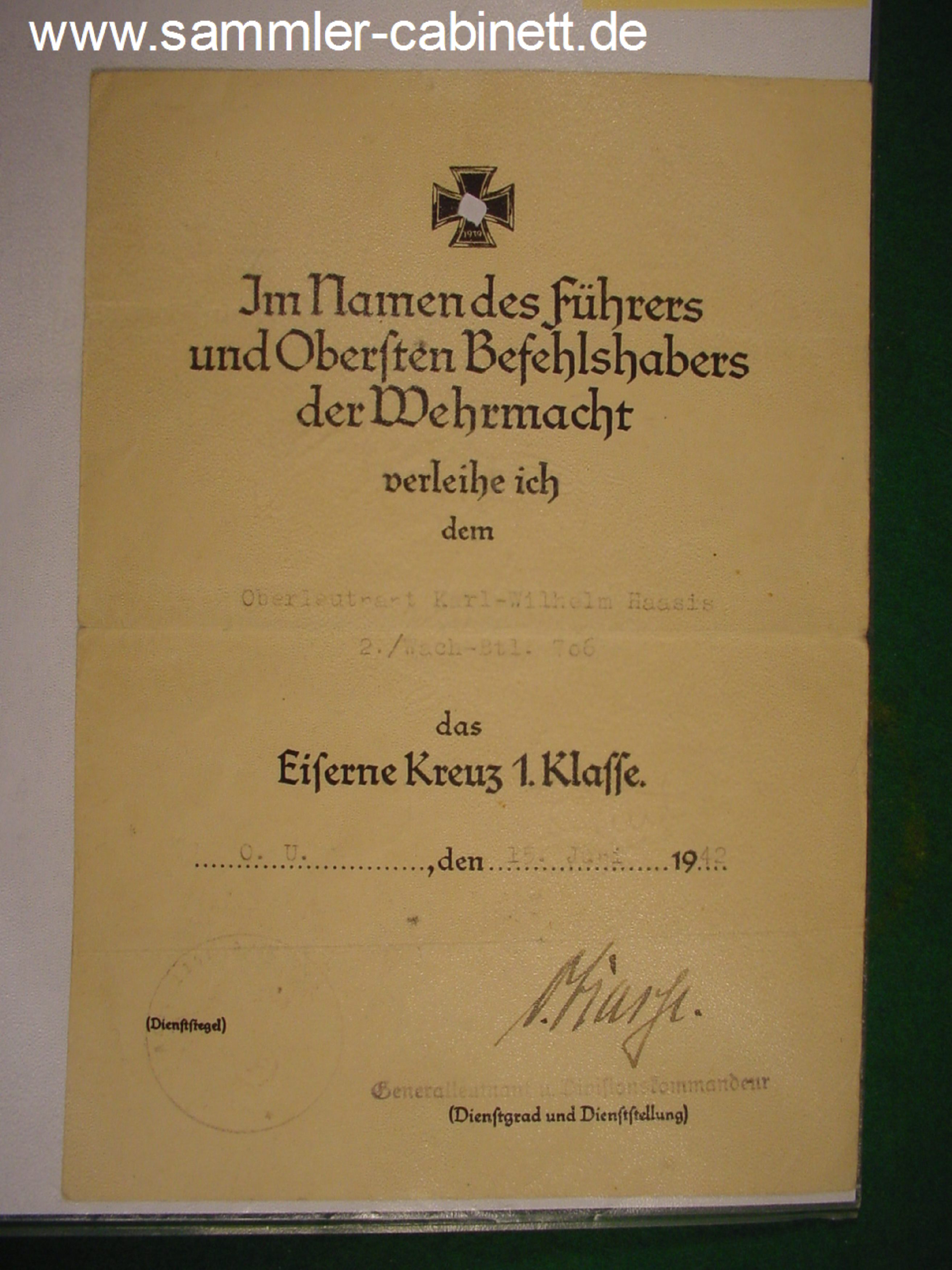 Heer - Urkunde zum EKI 1939 - für den Oberleutnant ...