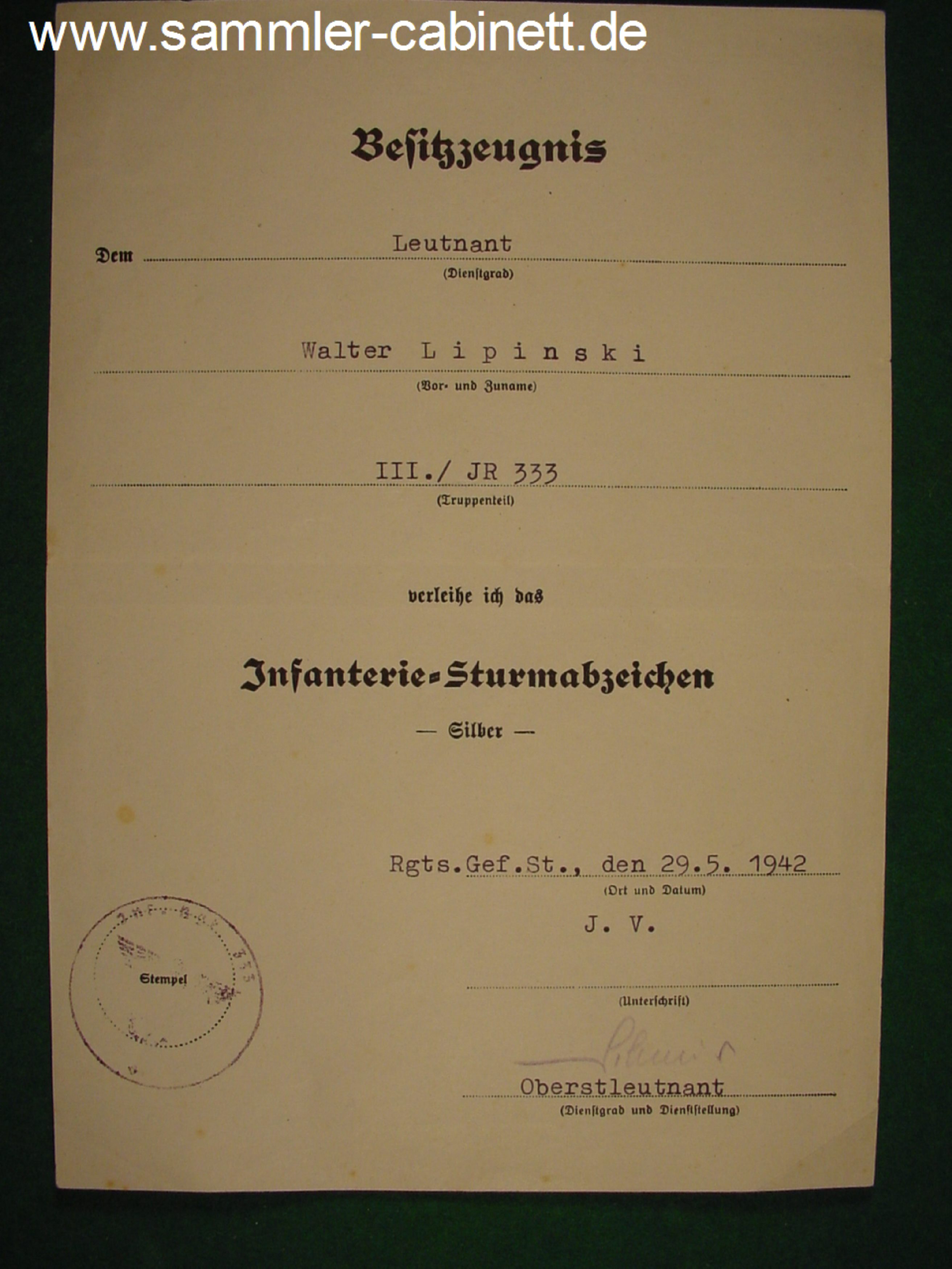 Heer - Urkundengruppe des Leutnant - W. Lipinski - III:/...