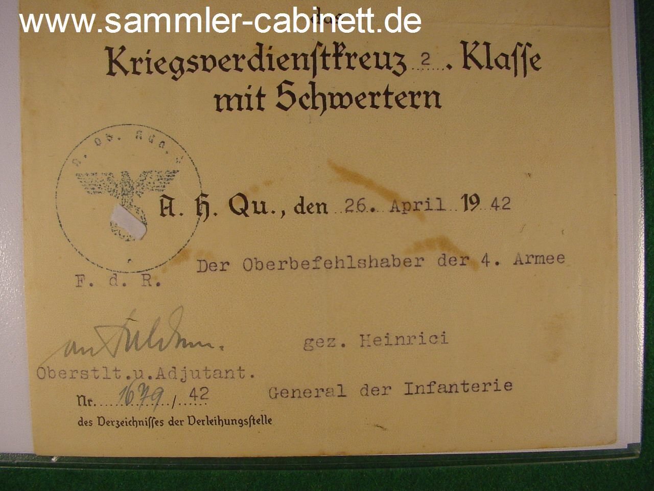 Heer - Urkunde zum KVK 2. Kl. Mit Schwertern - für...